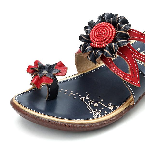 Sandalias Con Cuña De Cuero Genuino Floral Retro