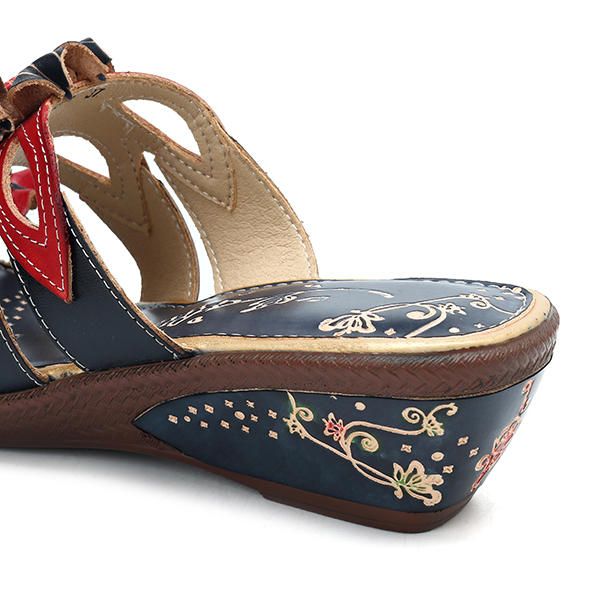 Sandalias Con Cuña De Cuero Genuino Floral Retro