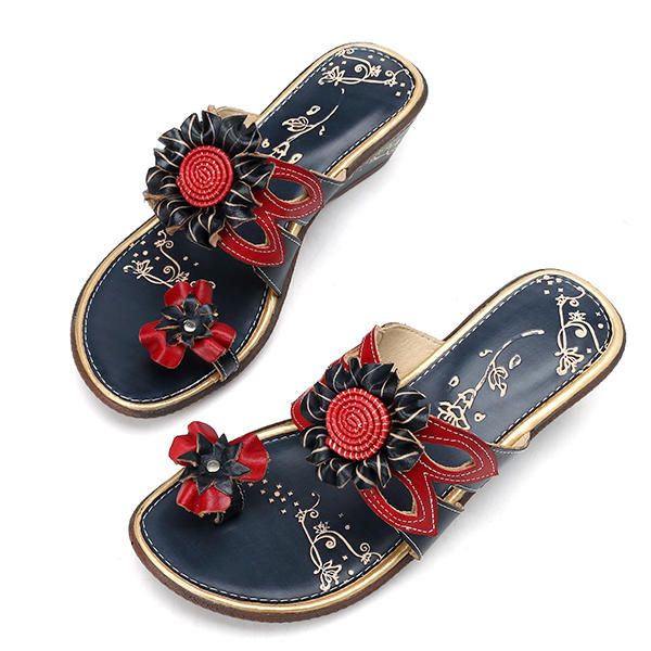 Sandalias Con Cuña De Cuero Genuino Floral Retro