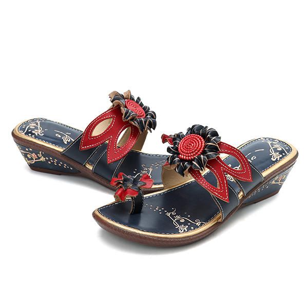 Sandalias Con Cuña De Cuero Genuino Floral Retro