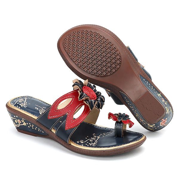 Sandalias Con Cuña De Cuero Genuino Floral Retro