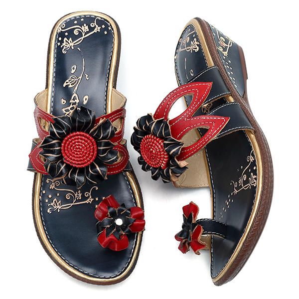 Sandalias Con Cuña De Cuero Genuino Floral Retro