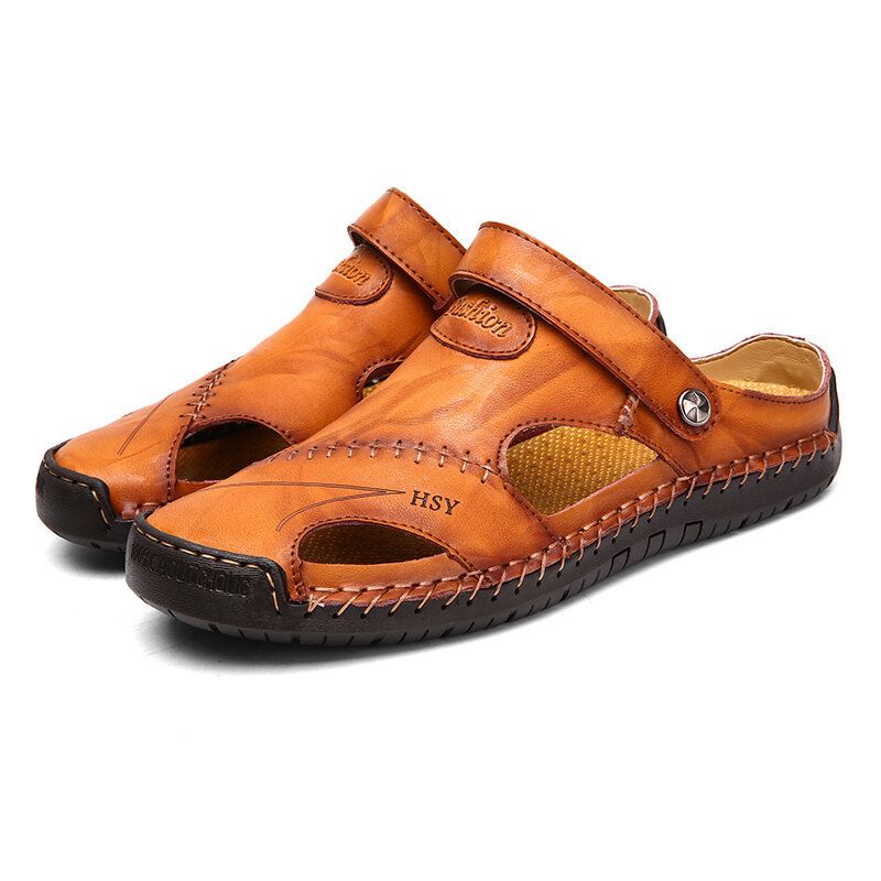 Sandalias De Cuero Ahuecadas Con Costura A Mano Para Hombre