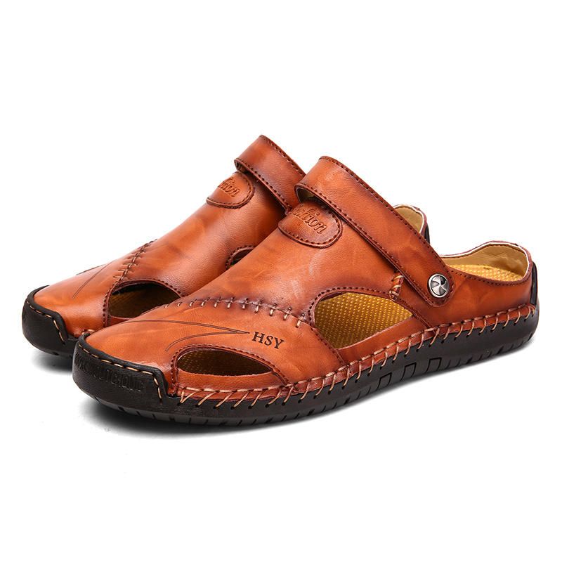 Sandalias De Cuero Ahuecadas Con Costura A Mano Para Hombre