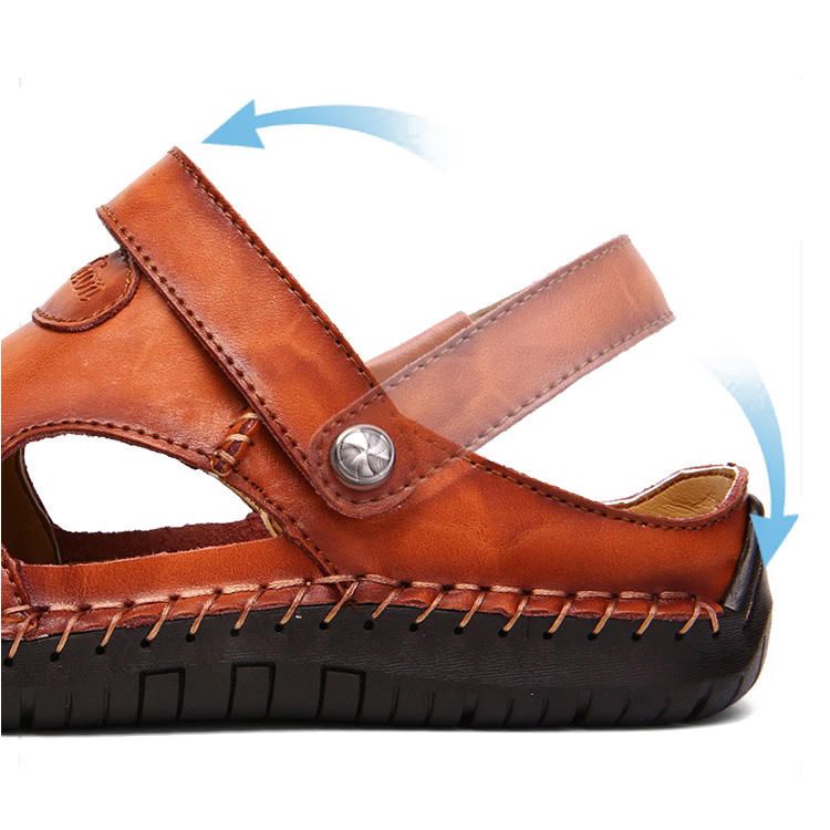 Sandalias De Cuero Ahuecadas Con Costura A Mano Para Hombre