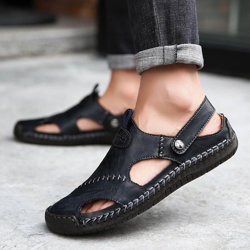 Sandalias De Cuero Ahuecadas Con Costura A Mano Para Hombre