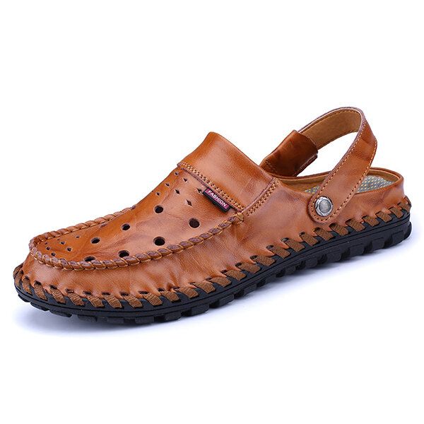 Sandalias De Cuero Ahuecadas Transpirables Para Hombres