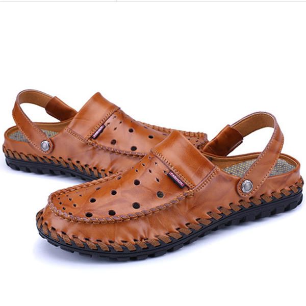 Sandalias De Cuero Ahuecadas Transpirables Para Hombres