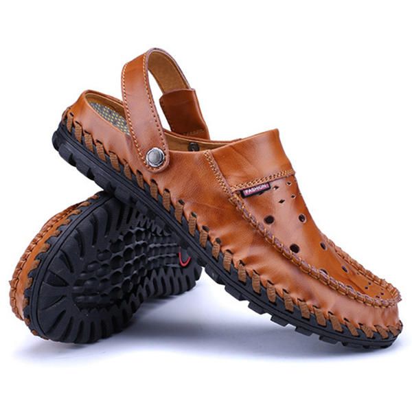 Sandalias De Cuero Ahuecadas Transpirables Para Hombres