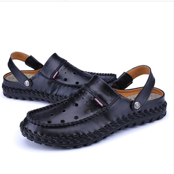 Sandalias De Cuero Ahuecadas Transpirables Para Hombres