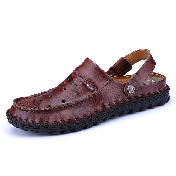 Sandalias De Cuero Ahuecadas Transpirables Para Hombres