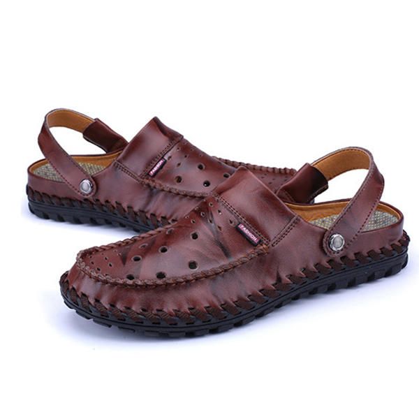 Sandalias De Cuero Ahuecadas Transpirables Para Hombres