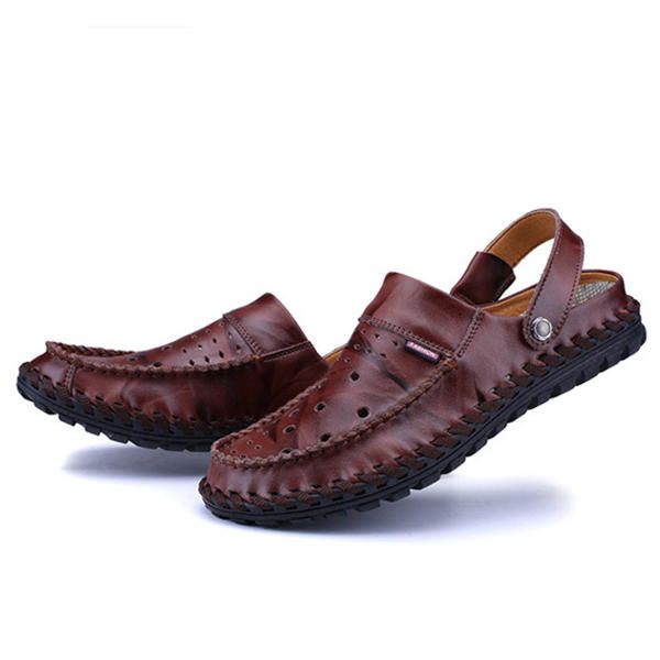 Sandalias De Cuero Ahuecadas Transpirables Para Hombres