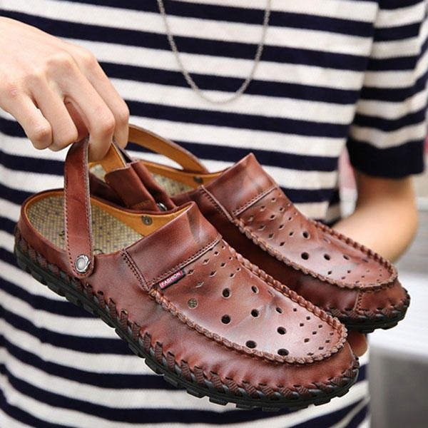 Sandalias De Cuero Ahuecadas Transpirables Para Hombres