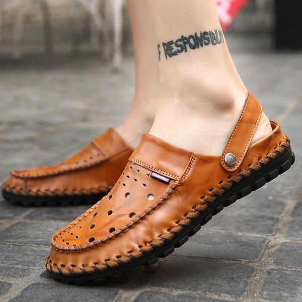 Sandalias De Cuero Ahuecadas Transpirables Para Hombres