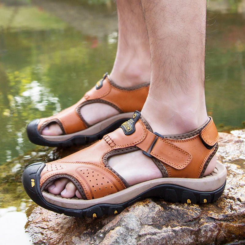 Sandalias De Cuero Casuales Cómodas Con Punta Anticolisión Para Hombres