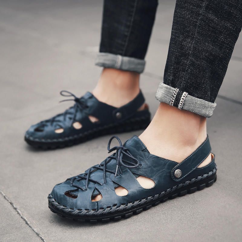 Sandalias De Cuero Casuales Con Costura A Mano Para Hombre