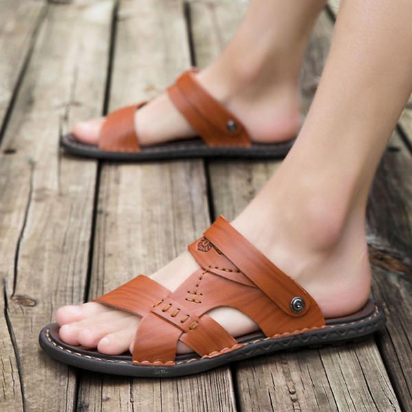 Sandalias De Cuero De Dos Vías Transpirables Informales Para Hombre