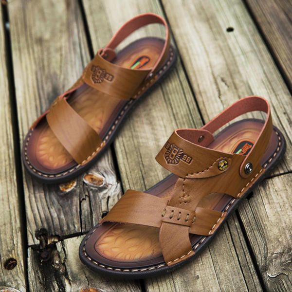 Sandalias De Cuero De Dos Vías Transpirables Informales Para Hombre