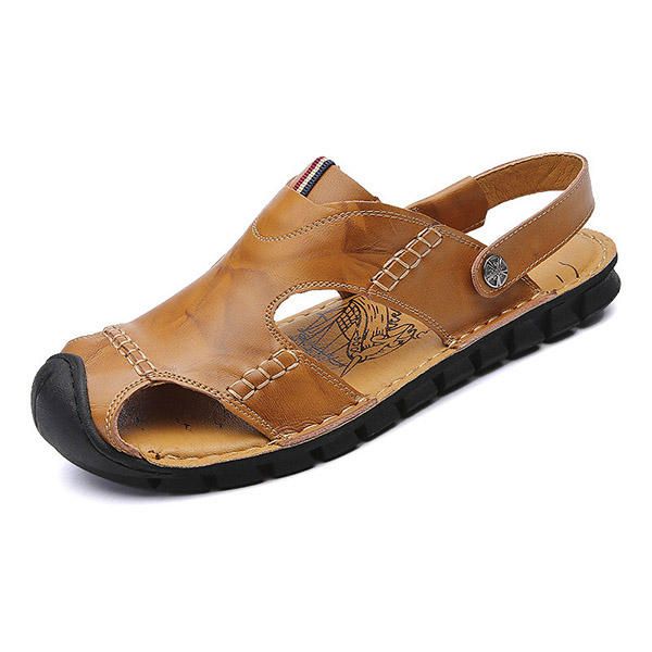 Sandalias De Cuero Genuino Con Punta Anticolisión Suave Informal Para Hombre