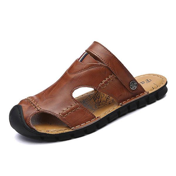 Sandalias De Cuero Genuino Con Punta Anticolisión Suave Informal Para Hombre