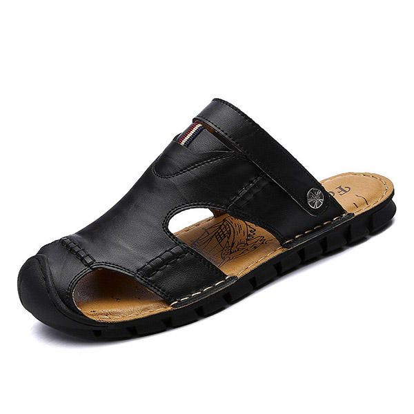 Sandalias De Cuero Genuino Con Punta Anticolisión Suave Informal Para Hombre