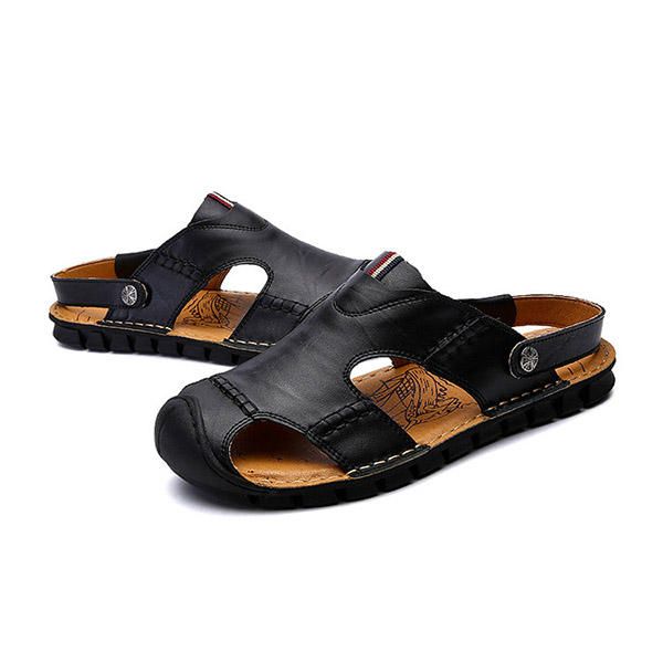 Sandalias De Cuero Genuino Con Punta Anticolisión Suave Informal Para Hombre