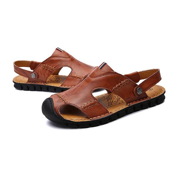 Sandalias De Cuero Genuino Con Punta Anticolisión Suave Informal Para Hombre