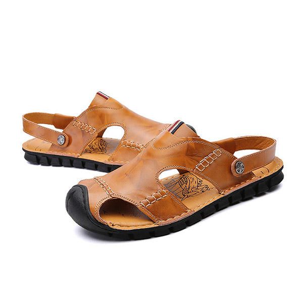 Sandalias De Cuero Genuino Con Punta Anticolisión Suave Informal Para Hombre