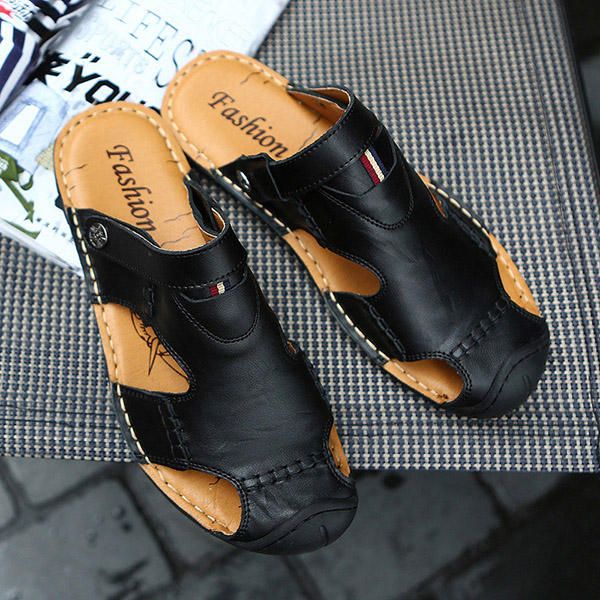 Sandalias De Cuero Genuino Con Punta Anticolisión Suave Informal Para Hombre