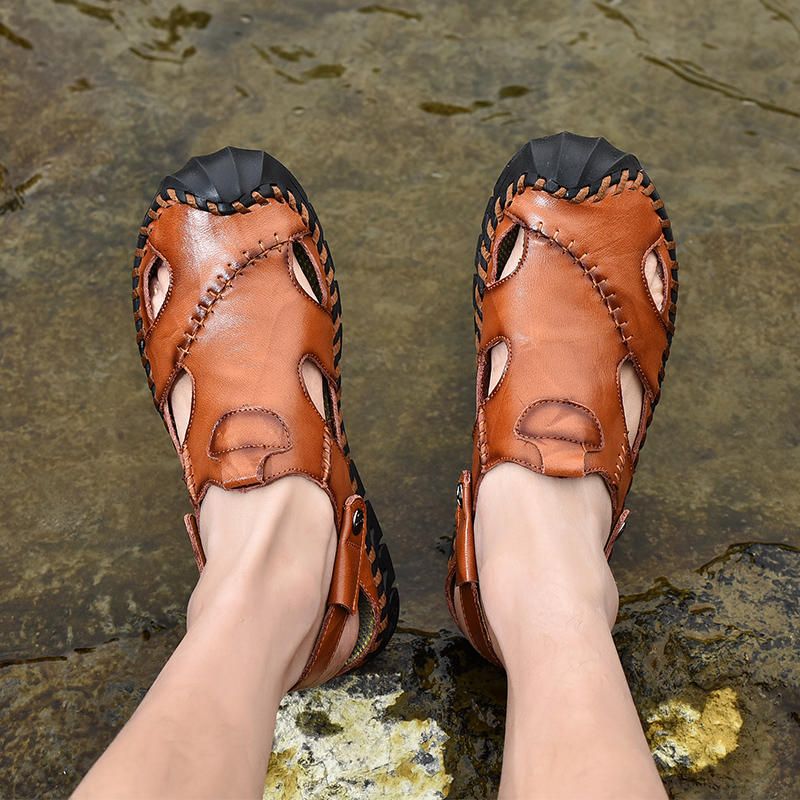 Sandalias De Cuero Genuino Con Punta Anticolisión Y Puntadas A Mano