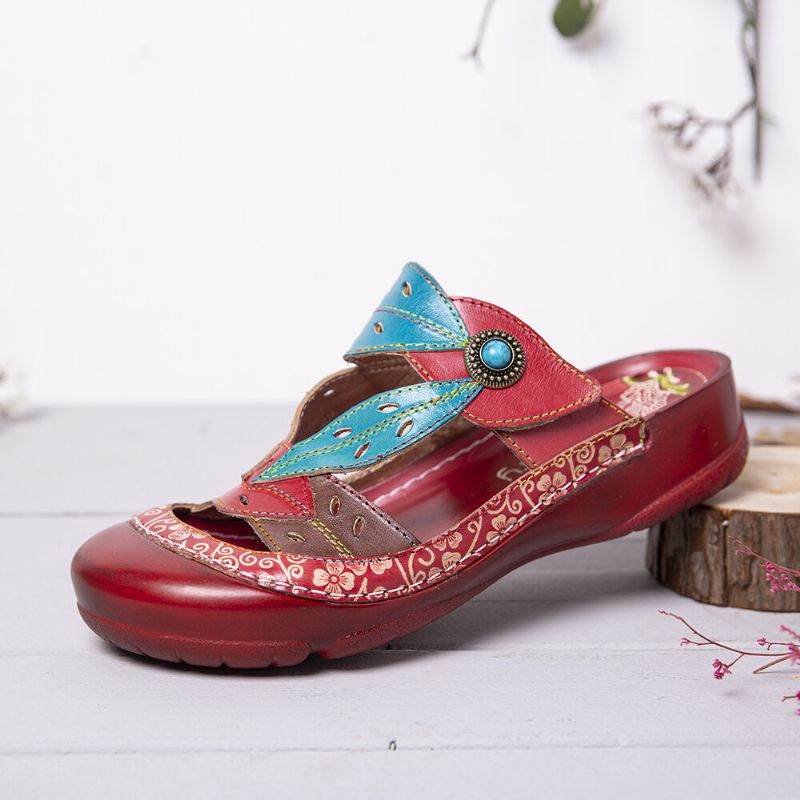 Sandalias De Cuero Hecho A Mano Con Corte Floral Con Cuentas Y Correa Ajustable Slip-on Mulas Zuecos