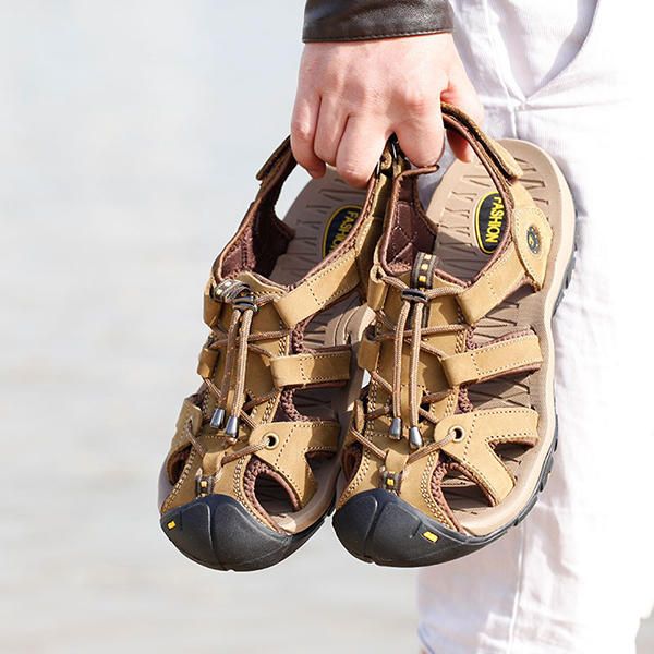 Sandalias De Cuero Informales Para Hombres Cómodas Sandalias De Playa Con Punta Redonda Zapatos Al Aire Libre