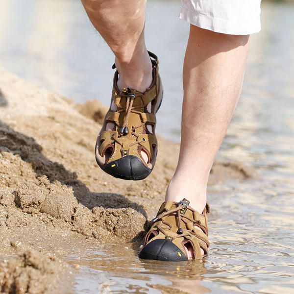 Sandalias De Cuero Informales Para Hombres Cómodas Sandalias De Playa Con Punta Redonda Zapatos Al Aire Libre