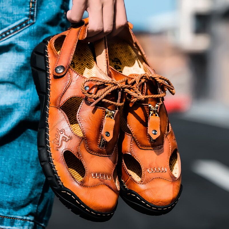 Sandalias De Cuero De Vaca Transpirables Con Costura A Mano Para Hombre