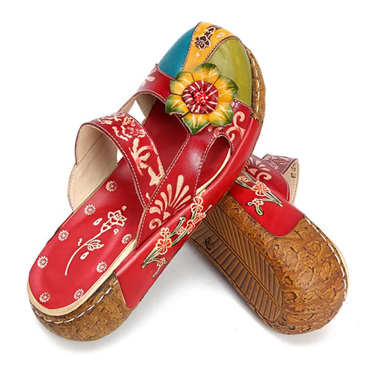 Sandalias De Cuña Ahuecadas Coloridas Sin Espalda Con Decoración De Flores De Cuero Genuino Para Mujer