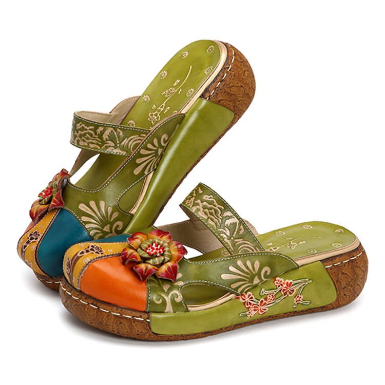 Sandalias De Cuña Ahuecadas Coloridas Sin Espalda Con Decoración De Flores De Cuero Genuino Para Mujer