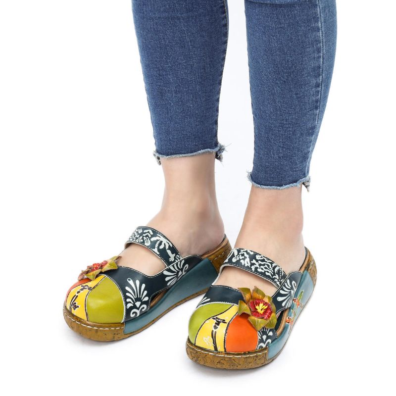 Sandalias De Cuña Ahuecadas Coloridas Sin Espalda Con Decoración De Flores De Cuero Genuino Para Mujer