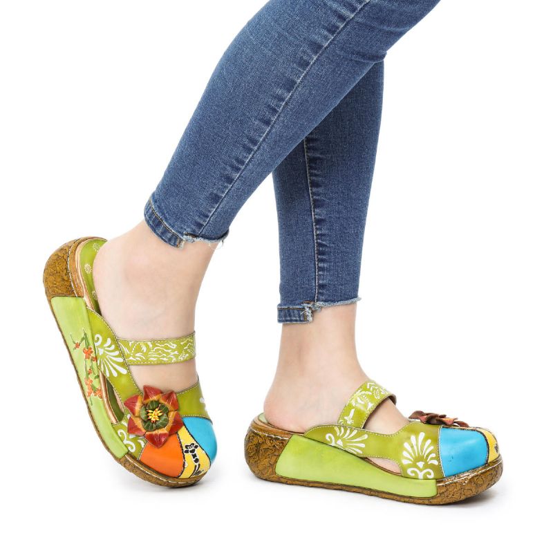 Sandalias De Cuña Ahuecadas Coloridas Sin Espalda Con Decoración De Flores De Cuero Genuino Para Mujer