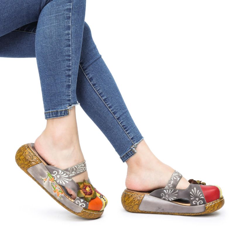 Sandalias De Cuña Ahuecadas Coloridas Sin Espalda Con Decoración De Flores De Cuero Genuino Para Mujer