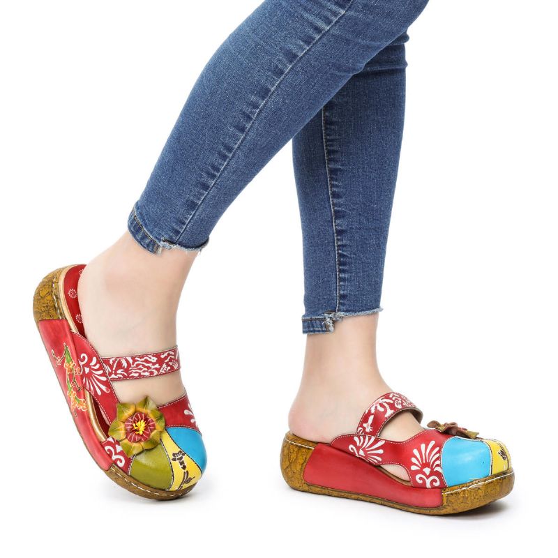 Sandalias De Cuña Ahuecadas Coloridas Sin Espalda Con Decoración De Flores De Cuero Genuino Para Mujer