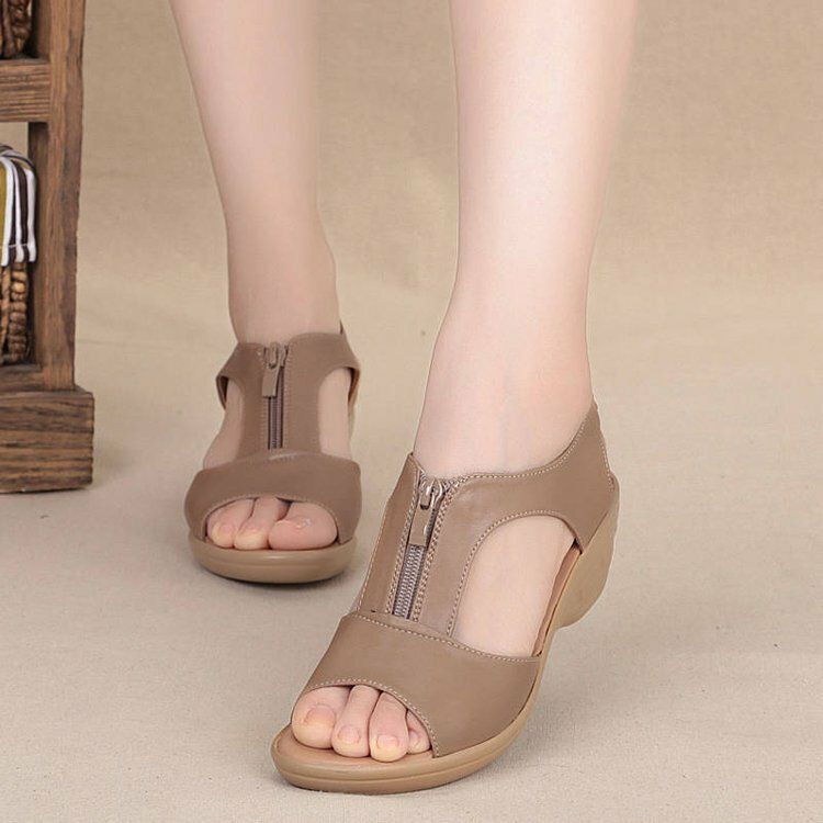 Sandalias De Cuña Casual Usable Con Cremallera Frontal De Color Sólido Para Mujer