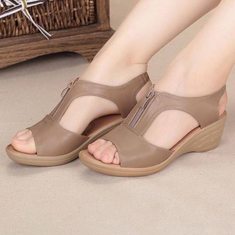 Sandalias De Cuña Casual Usable Con Cremallera Frontal De Color Sólido Para Mujer