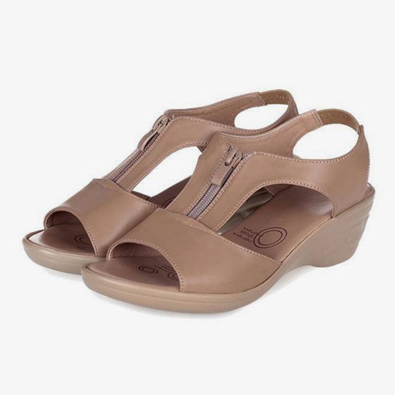 Sandalias De Cuña Casual Usable Con Cremallera Frontal De Color Sólido Para Mujer