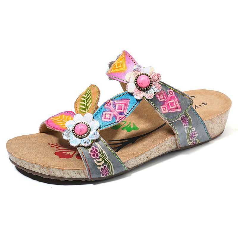 Sandalias De Cuña Cómodas De Cuero Genuino Floral A Mano