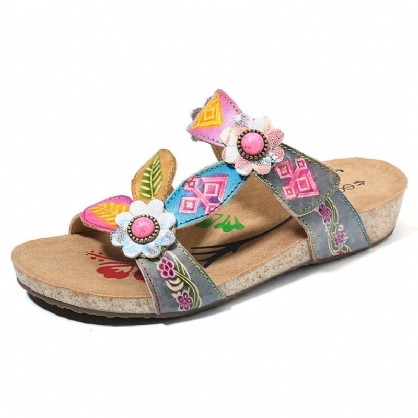 Sandalias De Cuña Cómodas De Cuero Genuino Floral A Mano