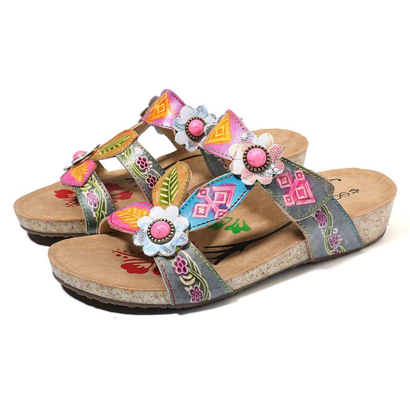 Sandalias De Cuña Cómodas De Cuero Genuino Floral A Mano