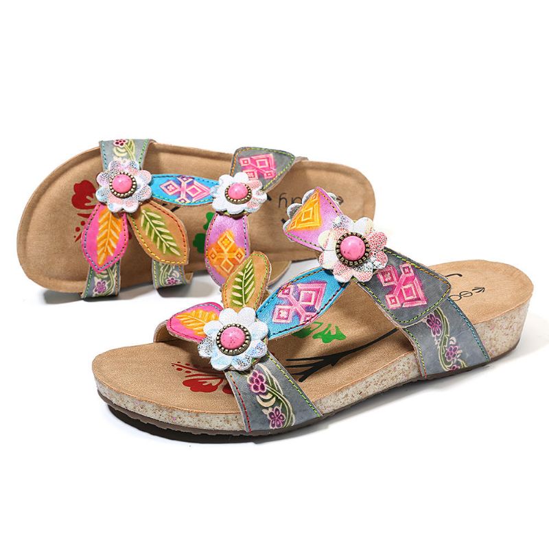 Sandalias De Cuña Cómodas De Cuero Genuino Floral A Mano