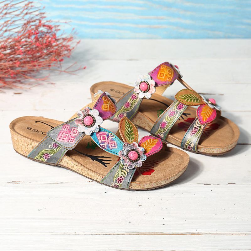 Sandalias De Cuña Cómodas De Cuero Genuino Floral A Mano