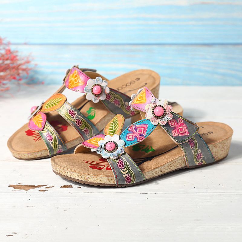 Sandalias De Cuña Cómodas De Cuero Genuino Floral A Mano